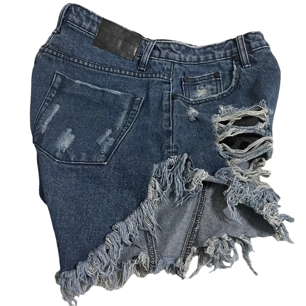 ONE Teaspoon High Waist Jean Cut Off Shorts in Blue Raw Hem Destroyed - Size 24